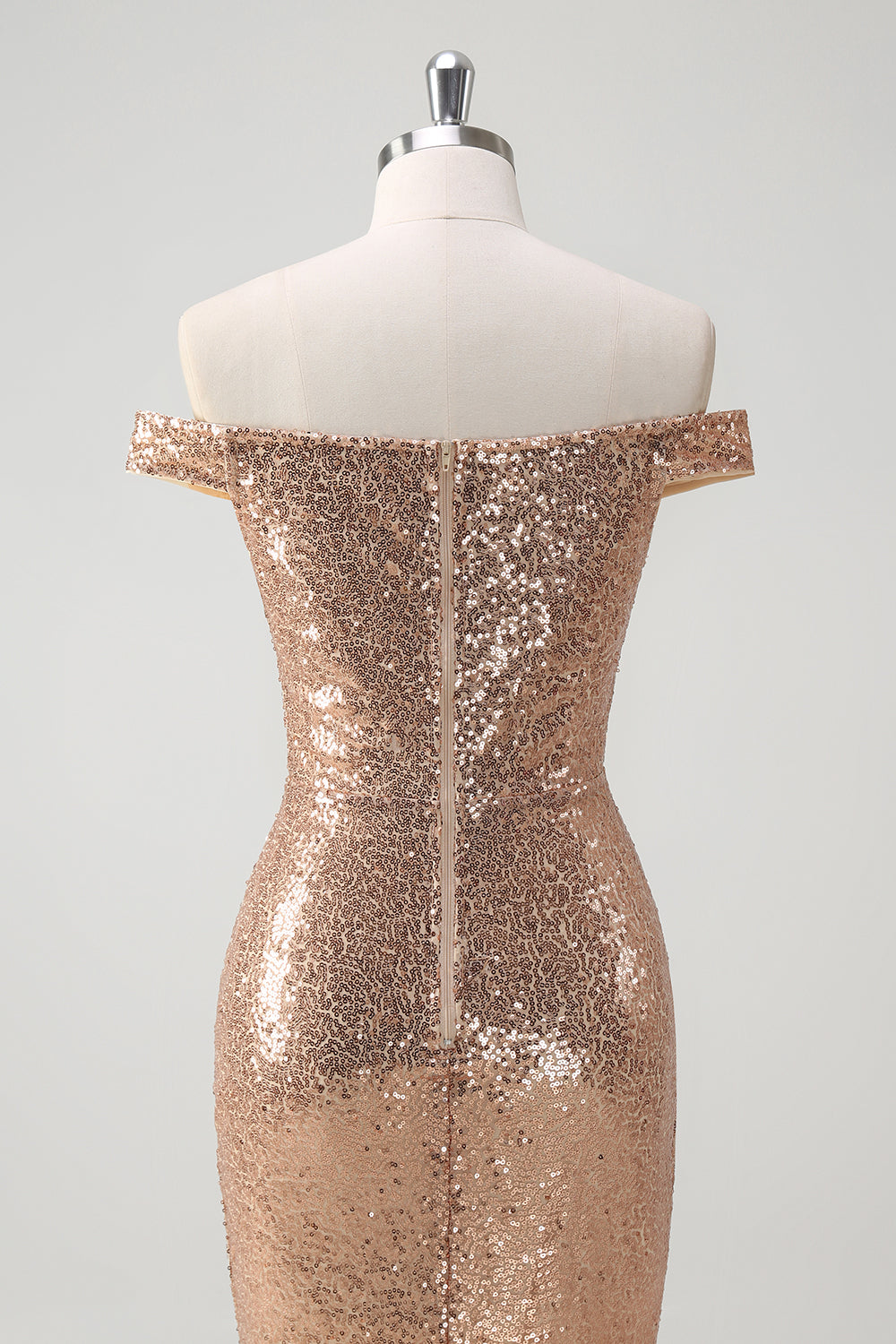 Sparkly Off the Shoulder Champagne Mermaid Prom Dress with Slit