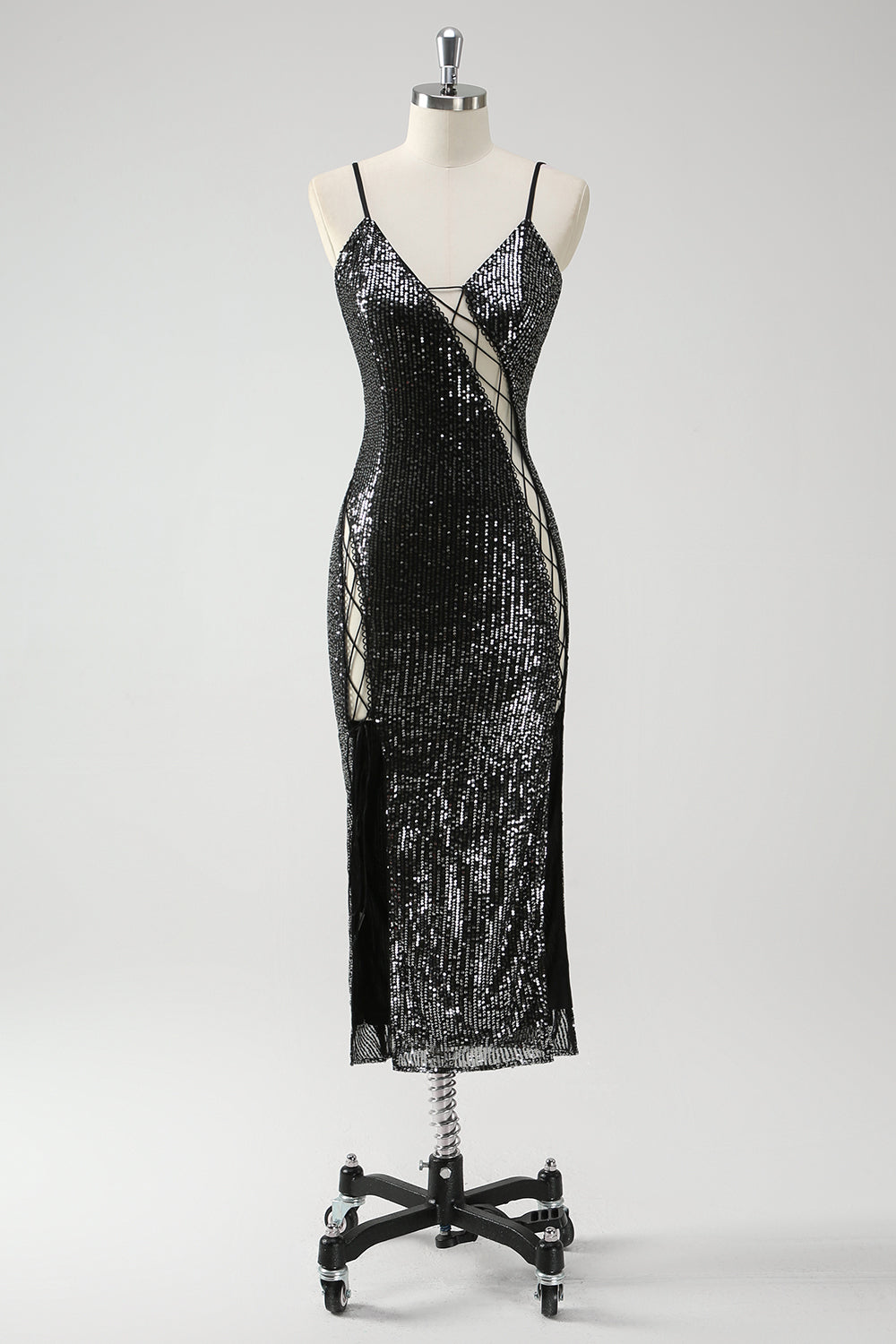 Sparkly Black Hollow Out Spaghetti Straps Prom Dress with Slit