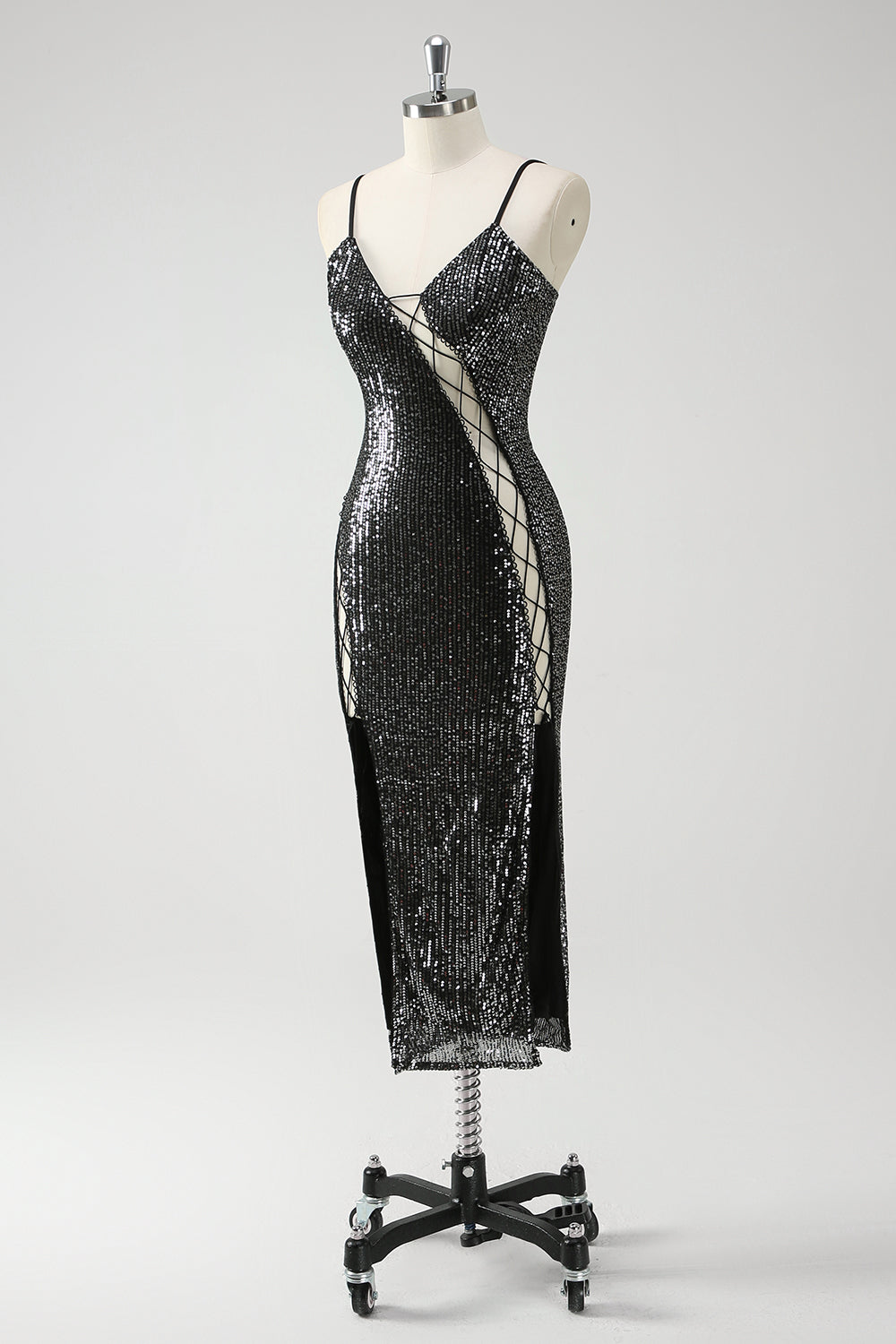 Sparkly Black Hollow Out Spaghetti Straps Prom Dress with Slit