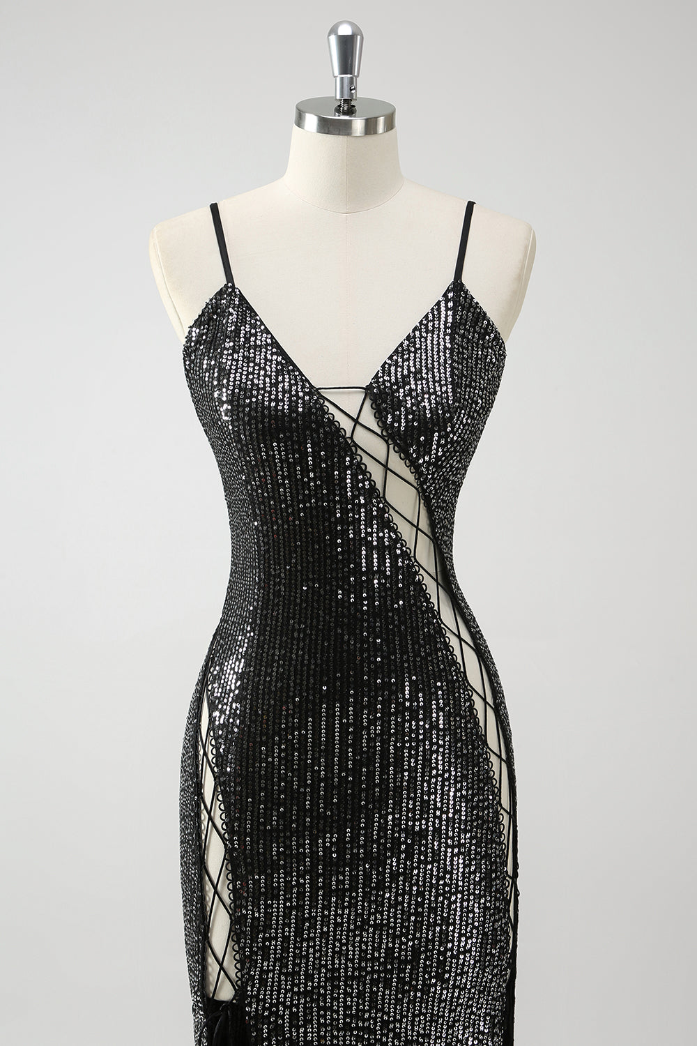 Sparkly Black Hollow Out Spaghetti Straps Prom Dress with Slit