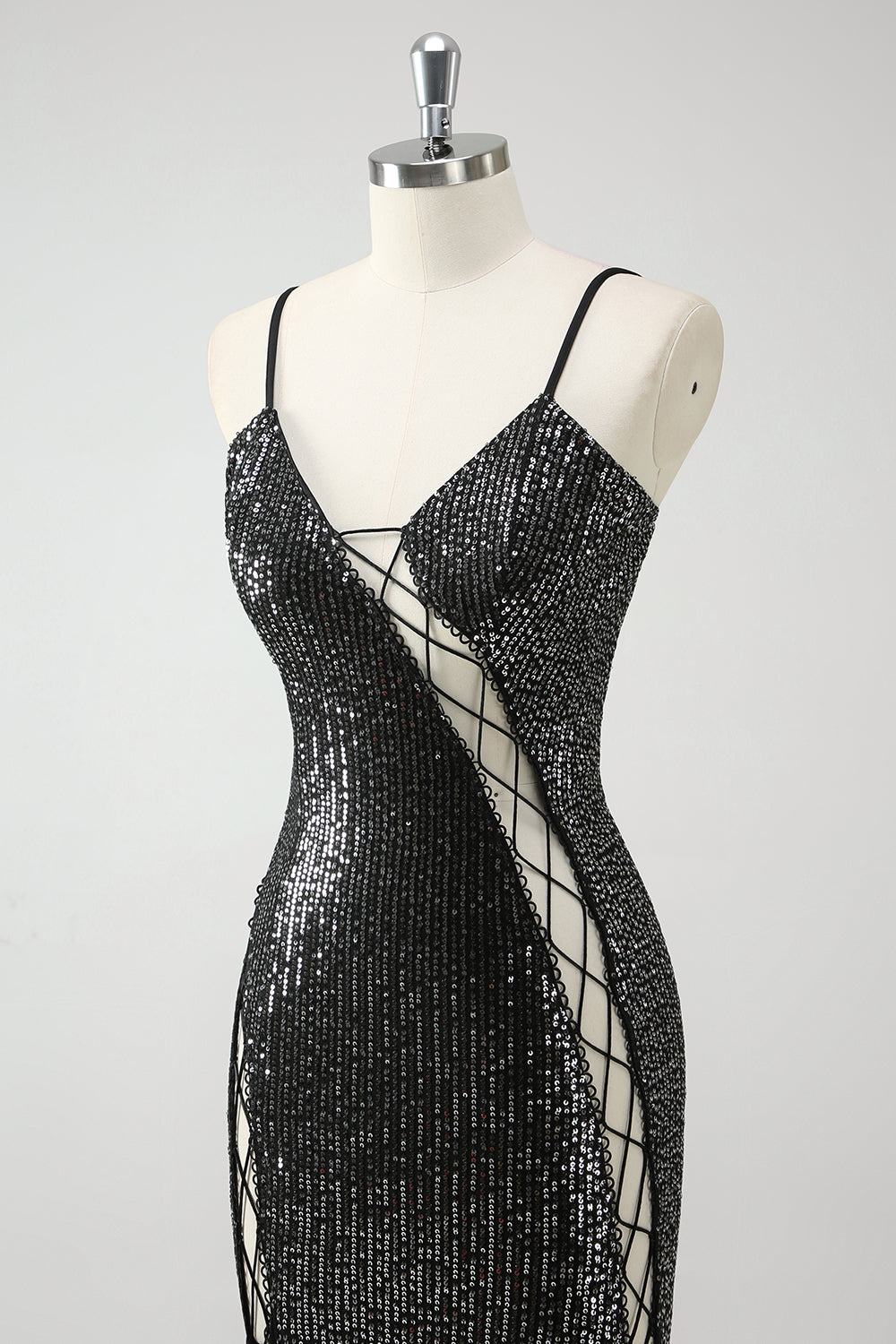 Sparkly Black Hollow Out Spaghetti Straps Prom Dress with Slit