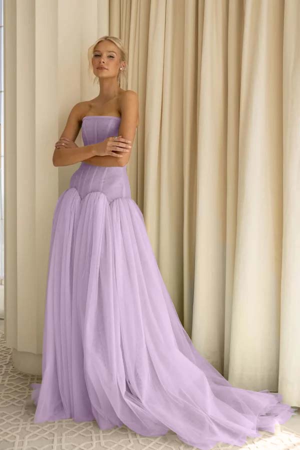 Sexy Sage Tulle Strapless Sleeveless Long Prom Dress with Pleated