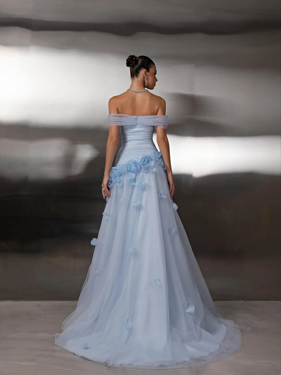 Chic Blue Tulle Off the Shoulder Floral Prom Dress with Pleated
