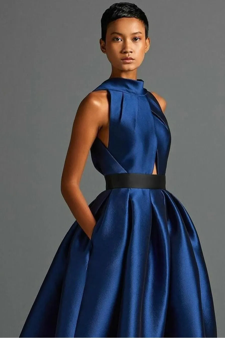 Exquisite Royal Blue Satin Halter Strapless Sleeveless A Line Prom Dress with Pleated