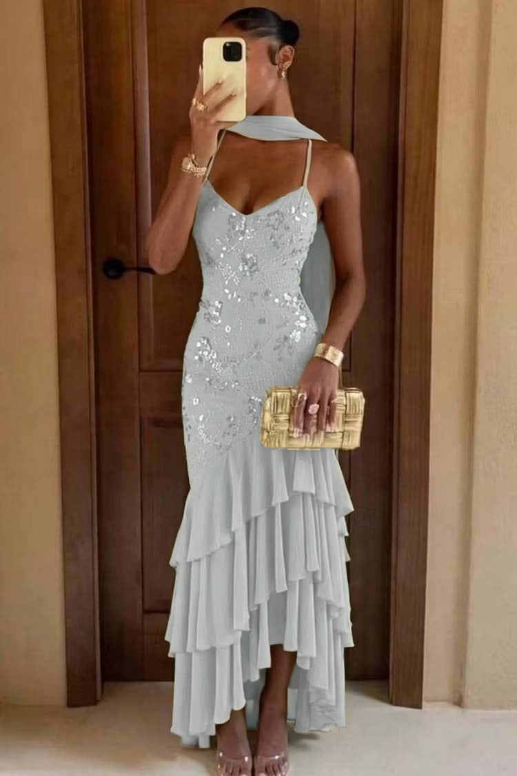 Chic Green Chiffon Sleeveless Spaghetti Strap Ruffles Hem Long Prom Dress with Scarf