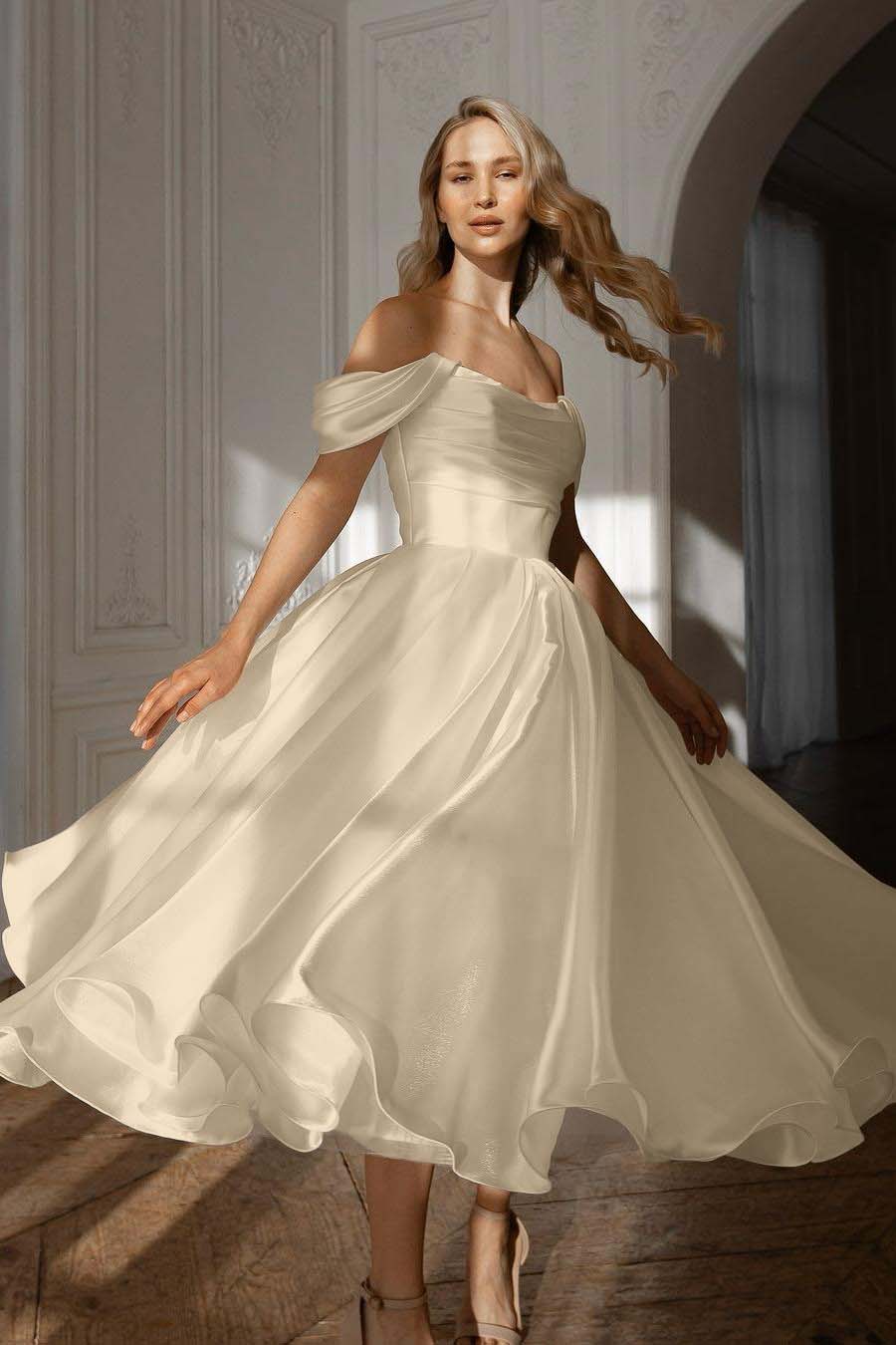 Exquisite White Satin Strapless Off the Shoulder A Line Prom Dress with Ruffles