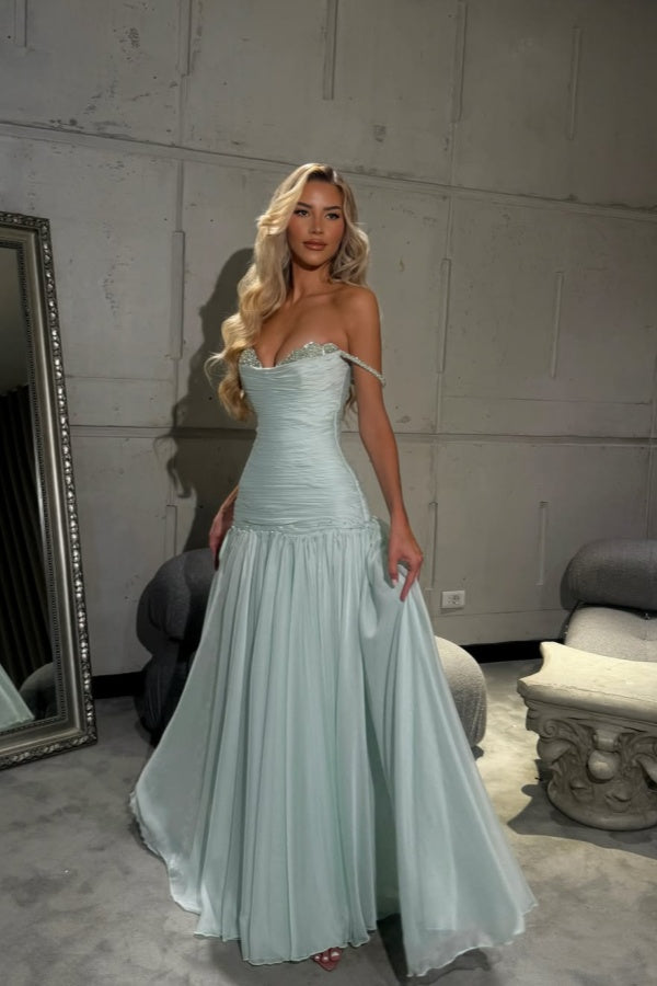 Stunning Blue Spaghetti Strap Off the Shoulder Prom Dress Pleated with Sequins