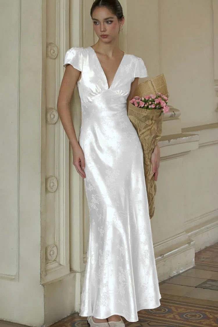 Stunning Silver Satin Sleeveless V Neck Long Prom Dress with Print