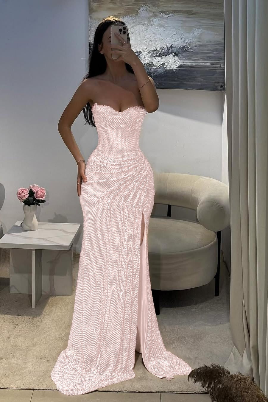 Shinning Silver Sweetheart Sleeveless Long Pleated Prom Dress with Split