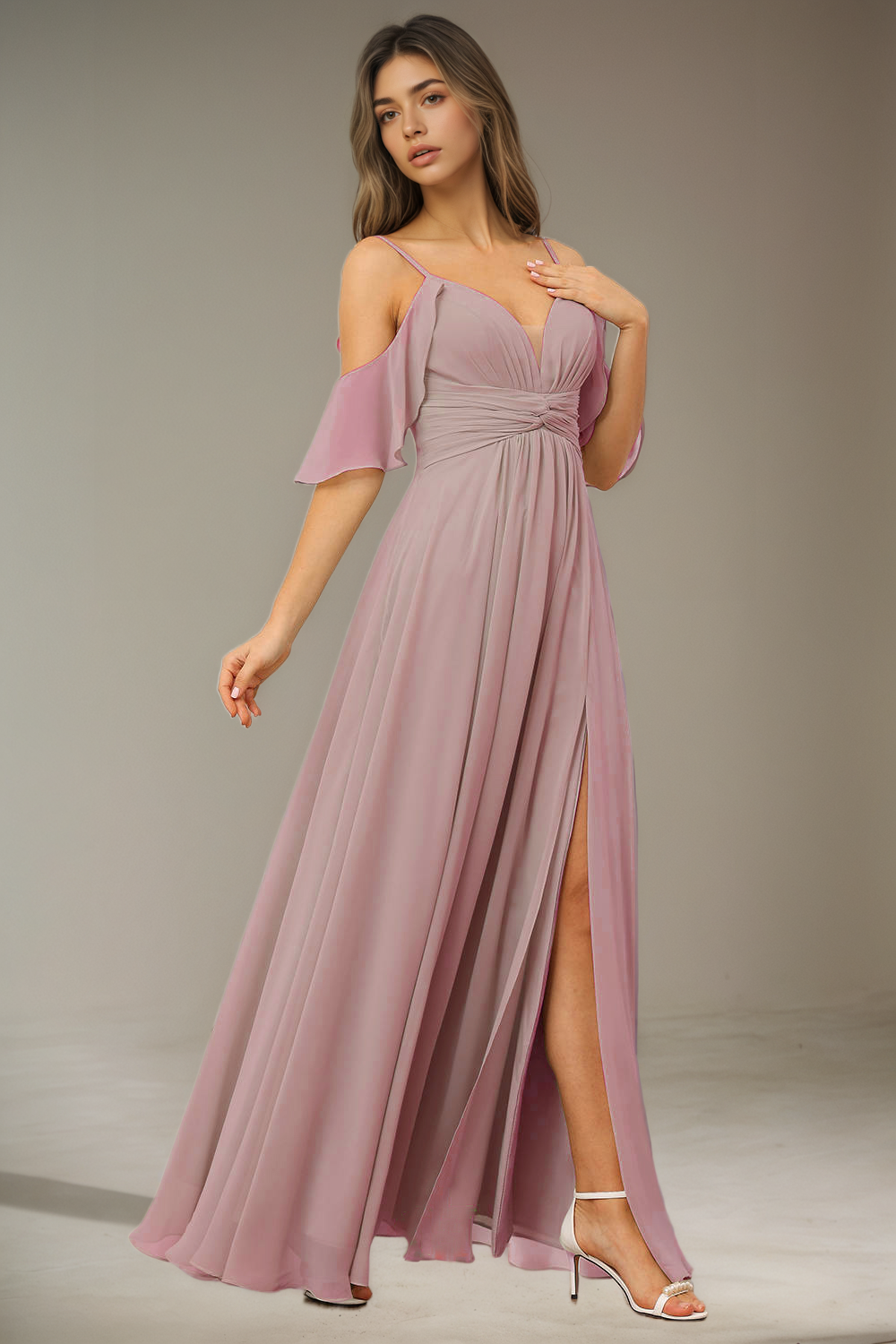 Simple Chiffon Spaghetti Strap Off the Shoulder Bridesmaid Dress with Split