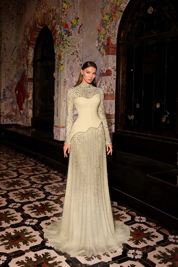 Stunning Ink Blue High Neck Long Sleeves Rhinestone Sweep Prom Dress