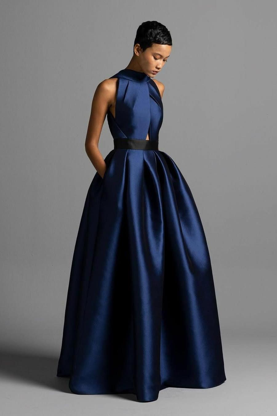 Exquisite Royal Blue Satin Halter Strapless Sleeveless A Line Prom Dress with Pleated