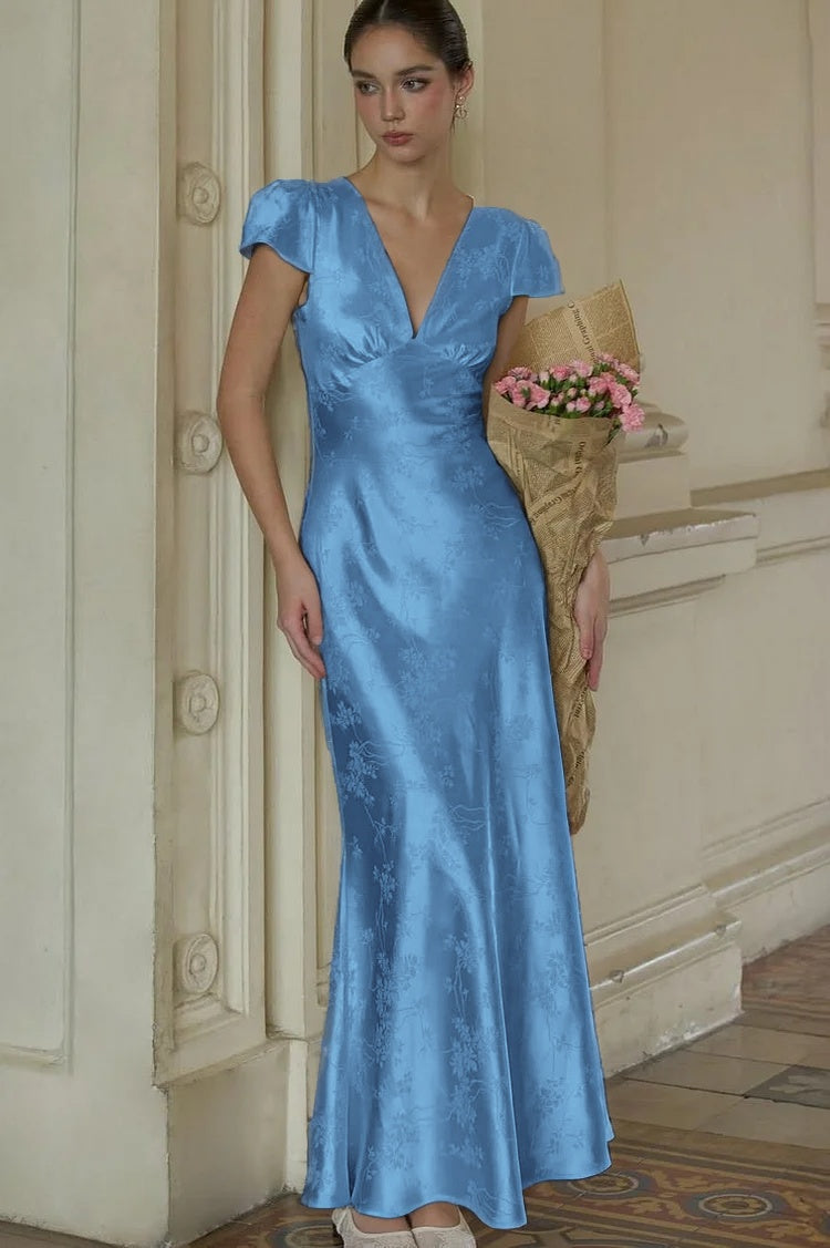 Stunning Silver Satin Sleeveless V Neck Long Prom Dress with Print