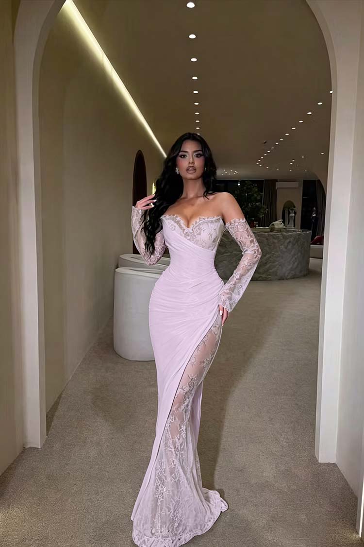 Glamorous Brown Long Sleeves Strapless V Neck Long Prom Dress with Pleated