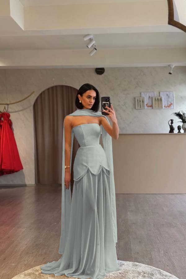 Glamorous White Satin Strapless Sleeveless Long Pleated Prom Dress with Beadings