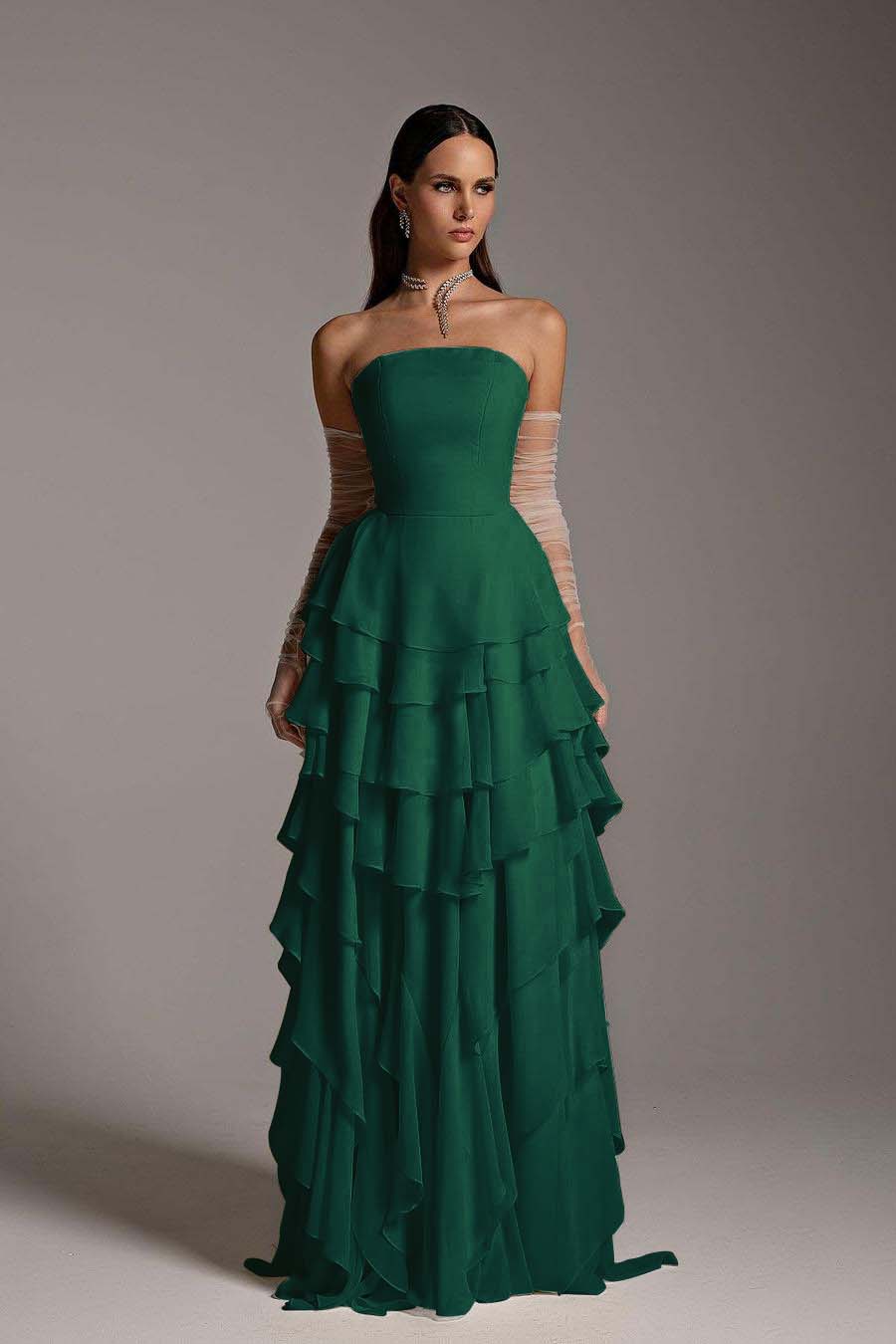 Charming Daffodil Chiffon Sleeveless Strapless Long Cake Prom Dress with Gloves