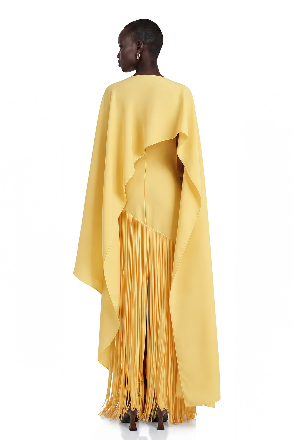 Cayetana Yellow Fringed Maxi Dress with Shawl Detail