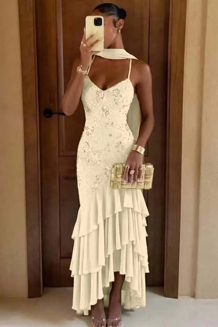 Chic Green Chiffon Sleeveless Spaghetti Strap Ruffles Hem Long Prom Dress with Scarf