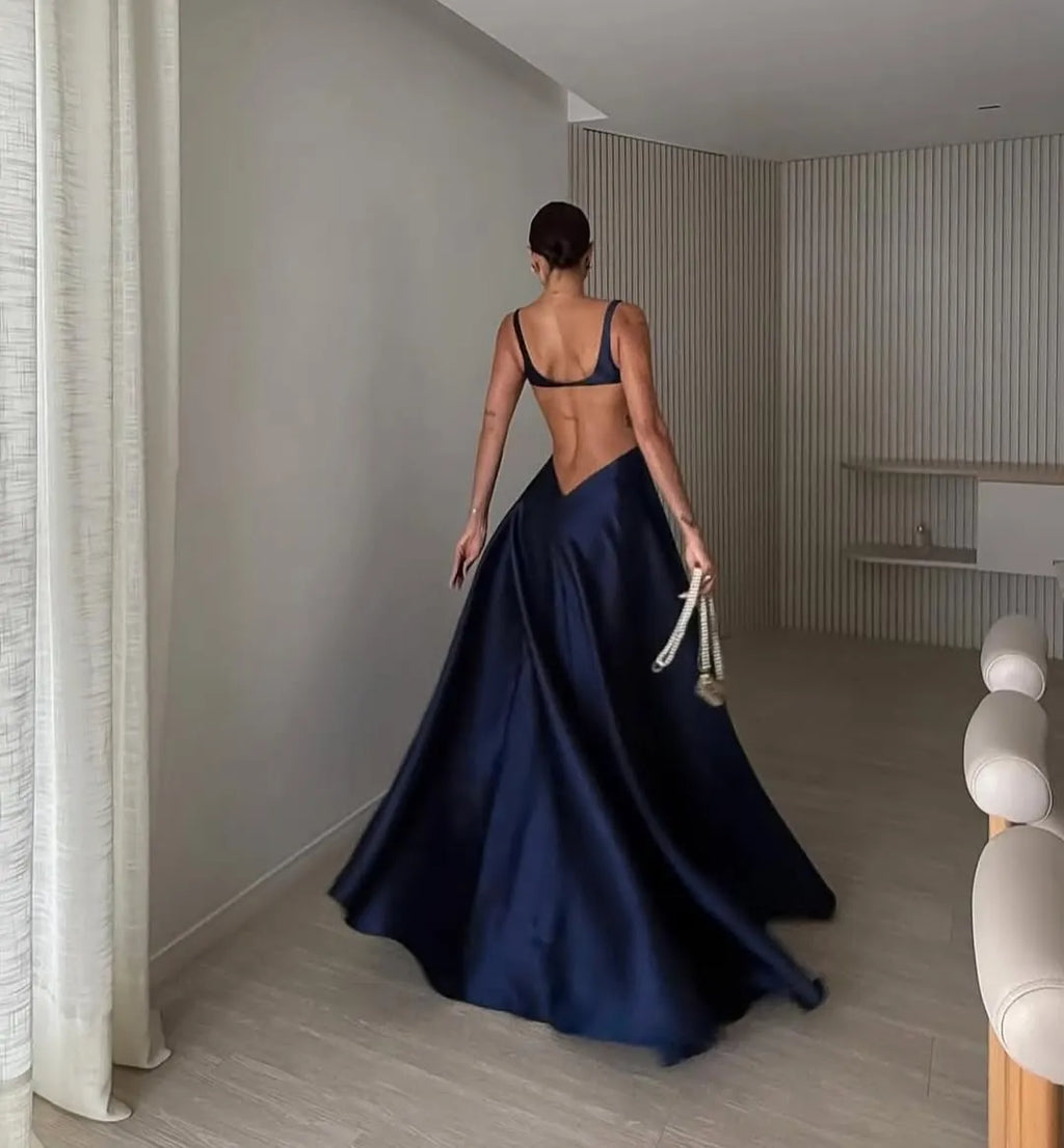 Elegant Satin Wide Shoulder Straps Sleeveless Backless Prom Dress