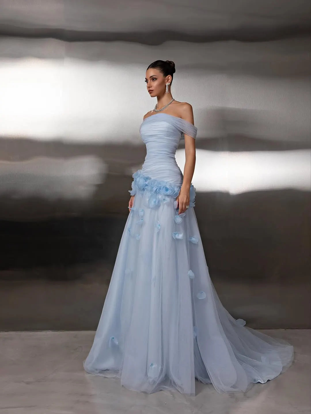 Chic Blue Tulle Off the Shoulder Floral Prom Dress with Pleated