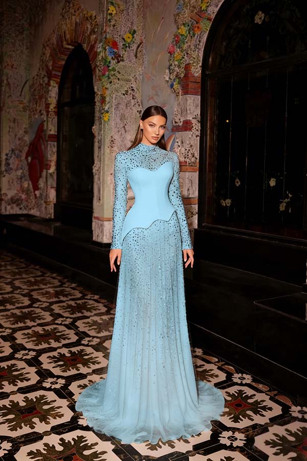 Stunning Ink Blue High Neck Long Sleeves Rhinestone Sweep Prom Dress