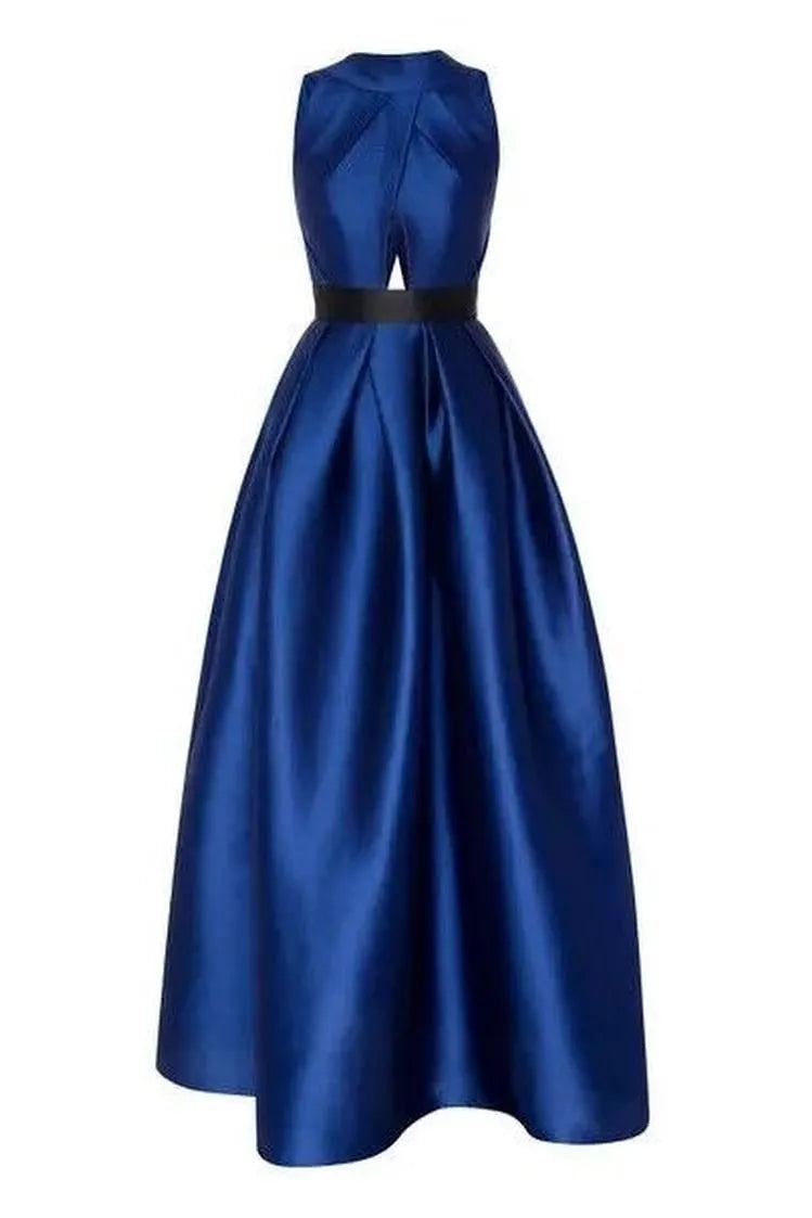 Exquisite Royal Blue Satin Halter Strapless Sleeveless A Line Prom Dress with Pleated