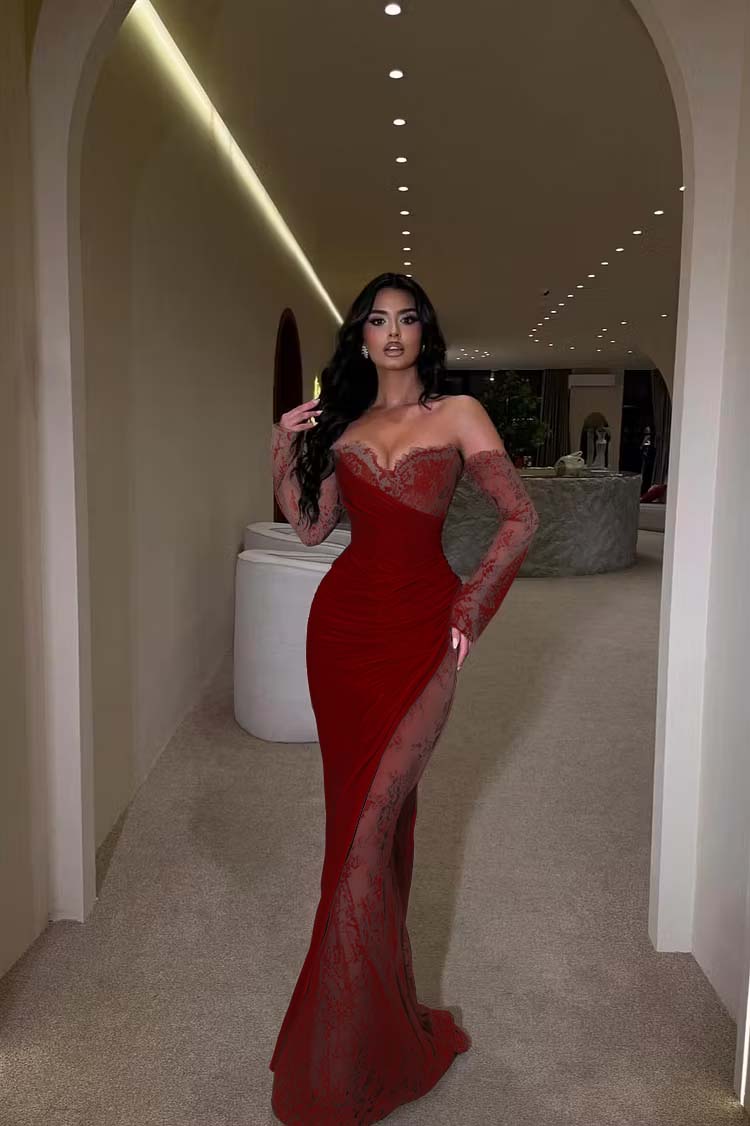 Glamorous Brown Long Sleeves Strapless V Neck Long Prom Dress with Pleated