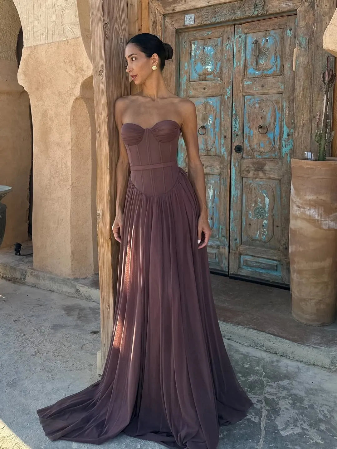 Glamorous Chiffon Chocolate Sweetheart Sleeveless Prom Dress with Pleated