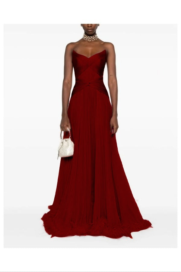 Chic Pink Sweetheart Sleeveless Pleated Prom Dress with Feather