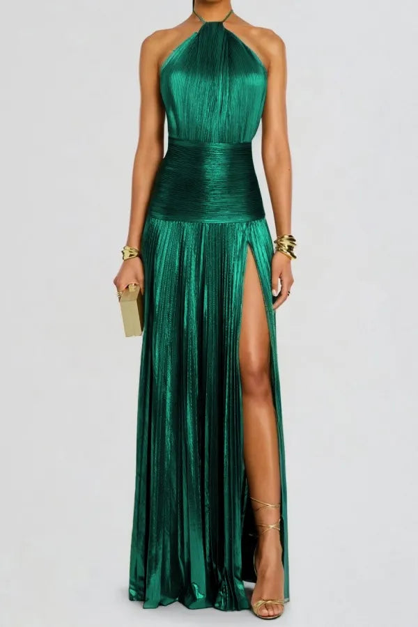Charming Green Halter Sleeveless Backless Split Prom Dress with Pleated