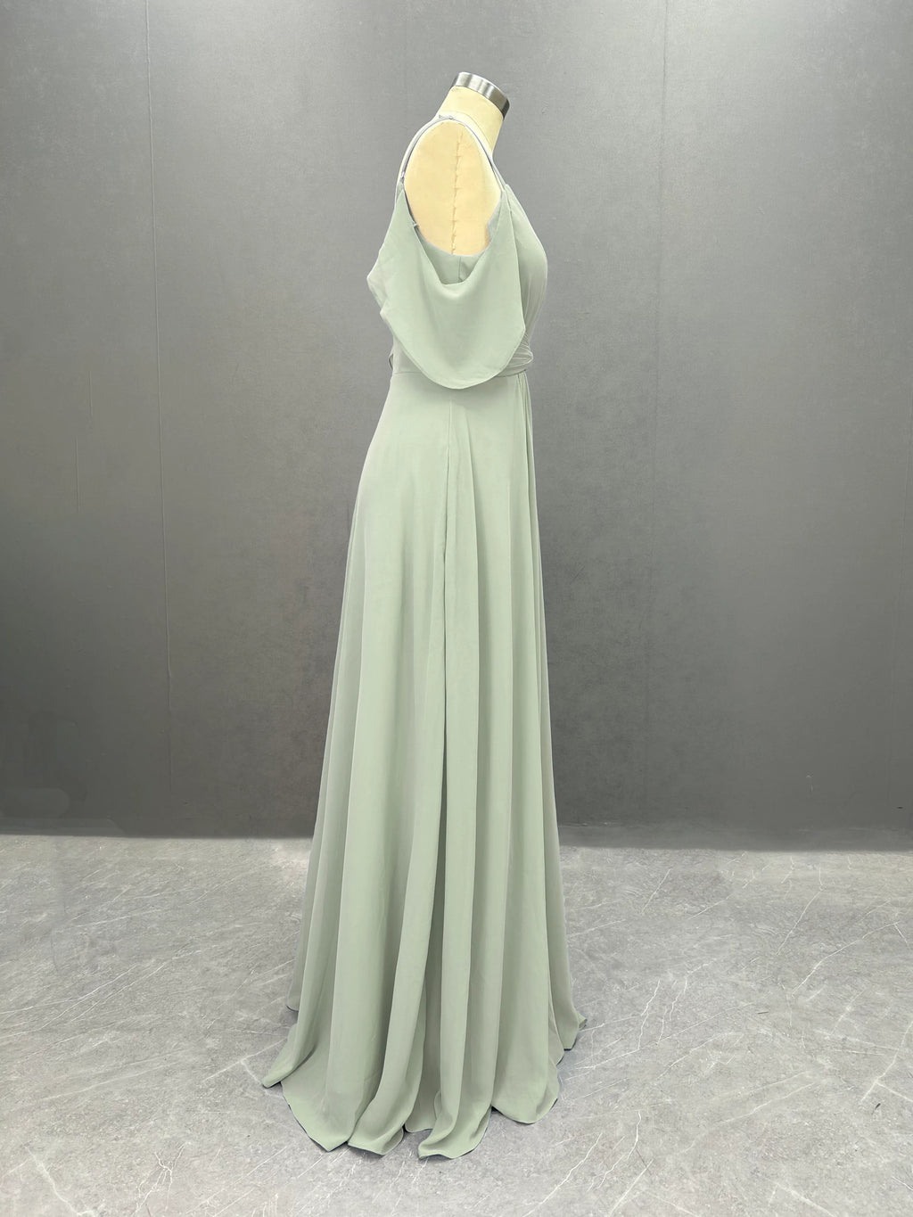 Simple Chiffon Spaghetti Strap Off the Shoulder Bridesmaid Dress with Split