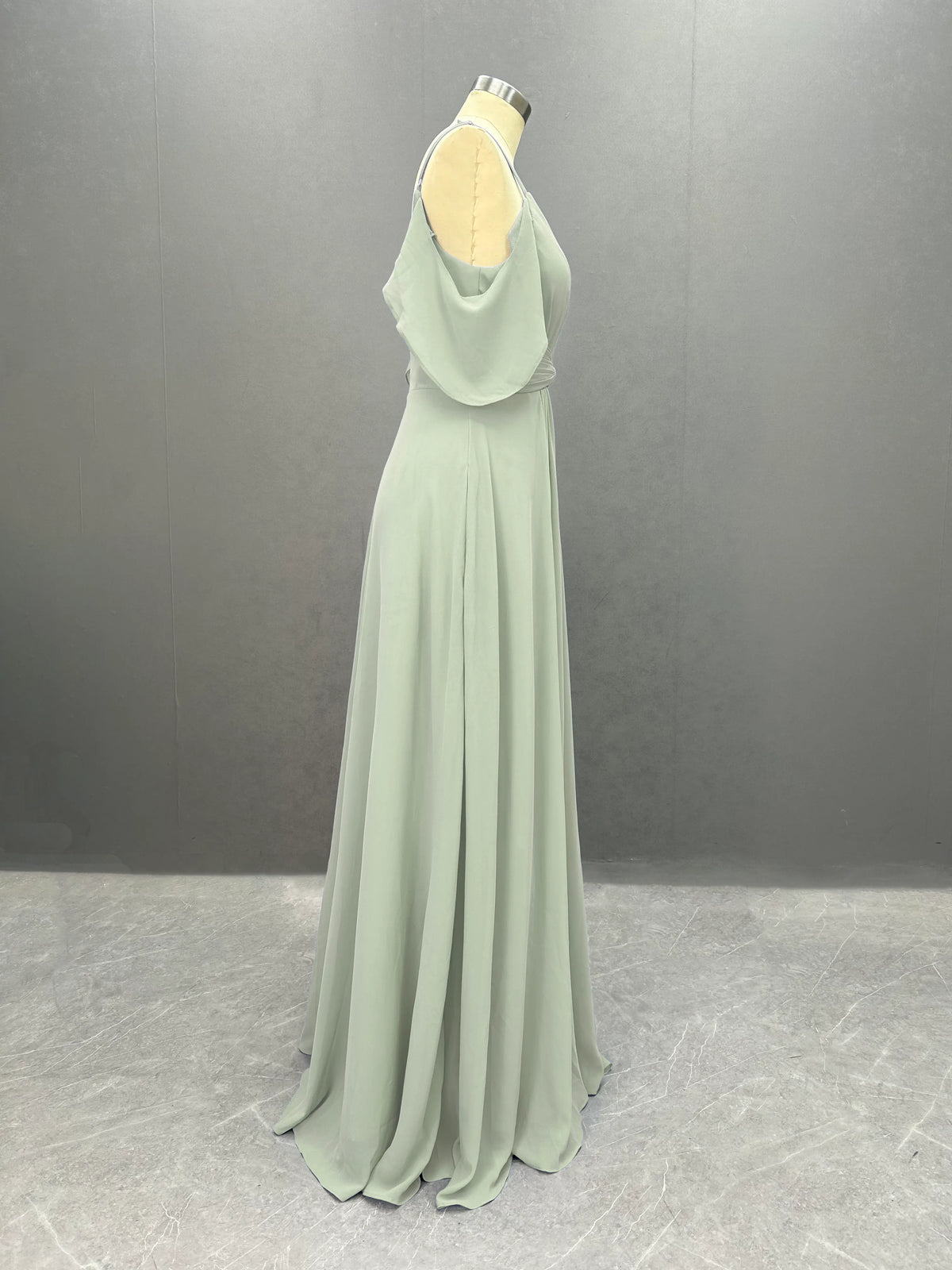 Simple Chiffon Spaghetti Strap Off the Shoulder Bridesmaid Dress with Split