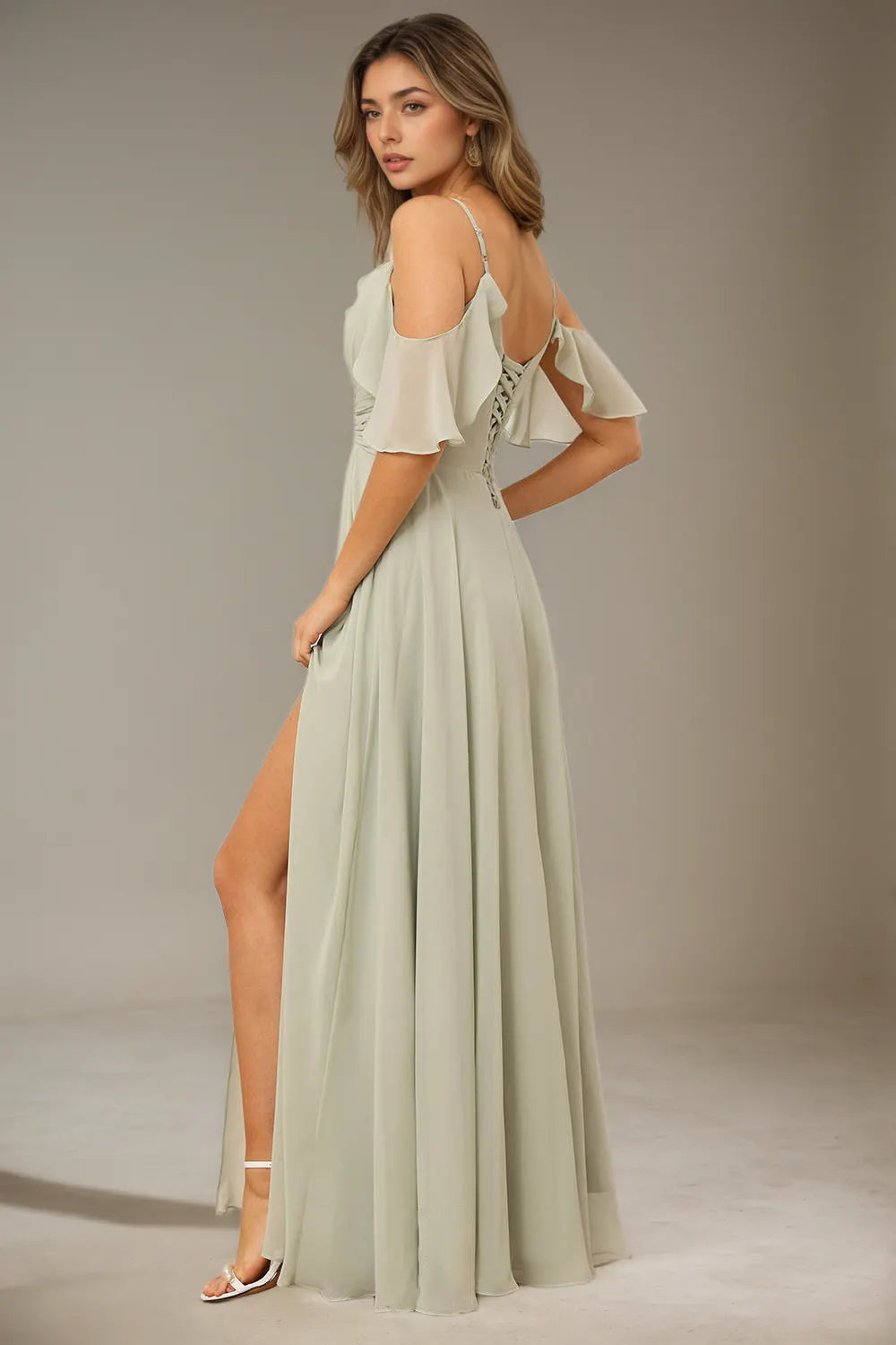Simple Chiffon Spaghetti Strap Off the Shoulder Bridesmaid Dress with Split