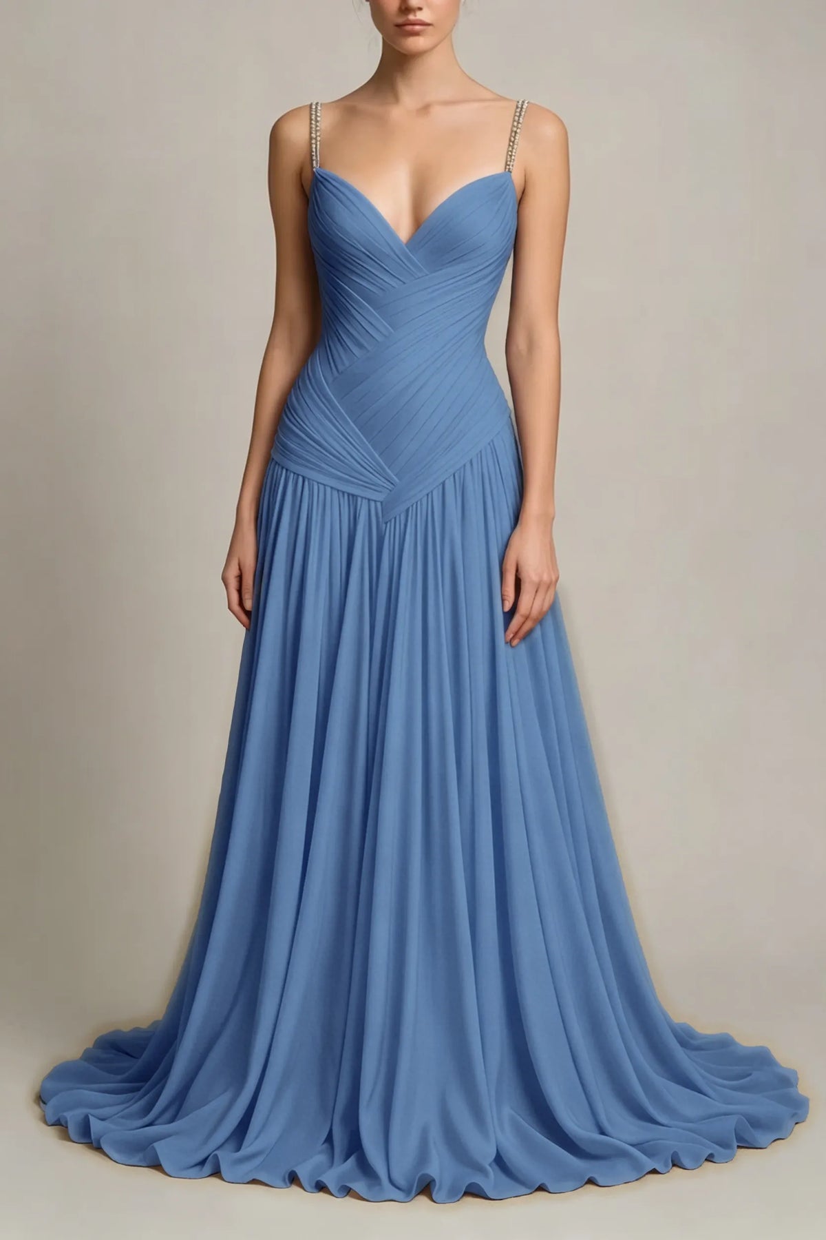 Charming Dusty Blue Sleeveless Spaghetti Strap Long Prom Dress with V Neck