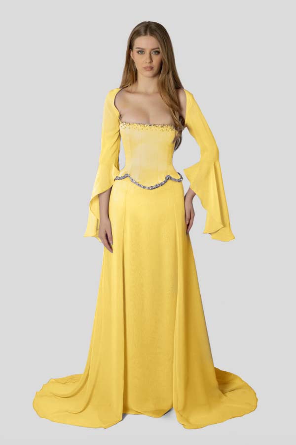 Stunning Square Neck Beaded Long Ruffles Sleeves Prom Dress