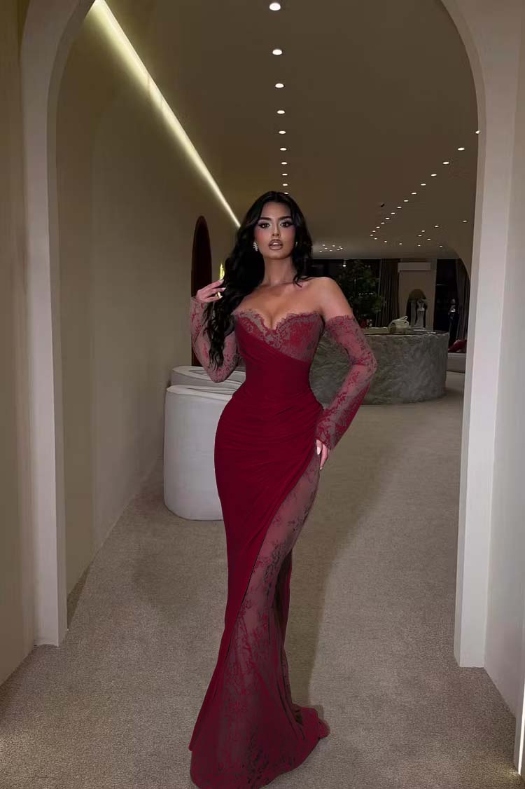Glamorous Brown Long Sleeves Strapless V Neck Long Prom Dress with Pleated