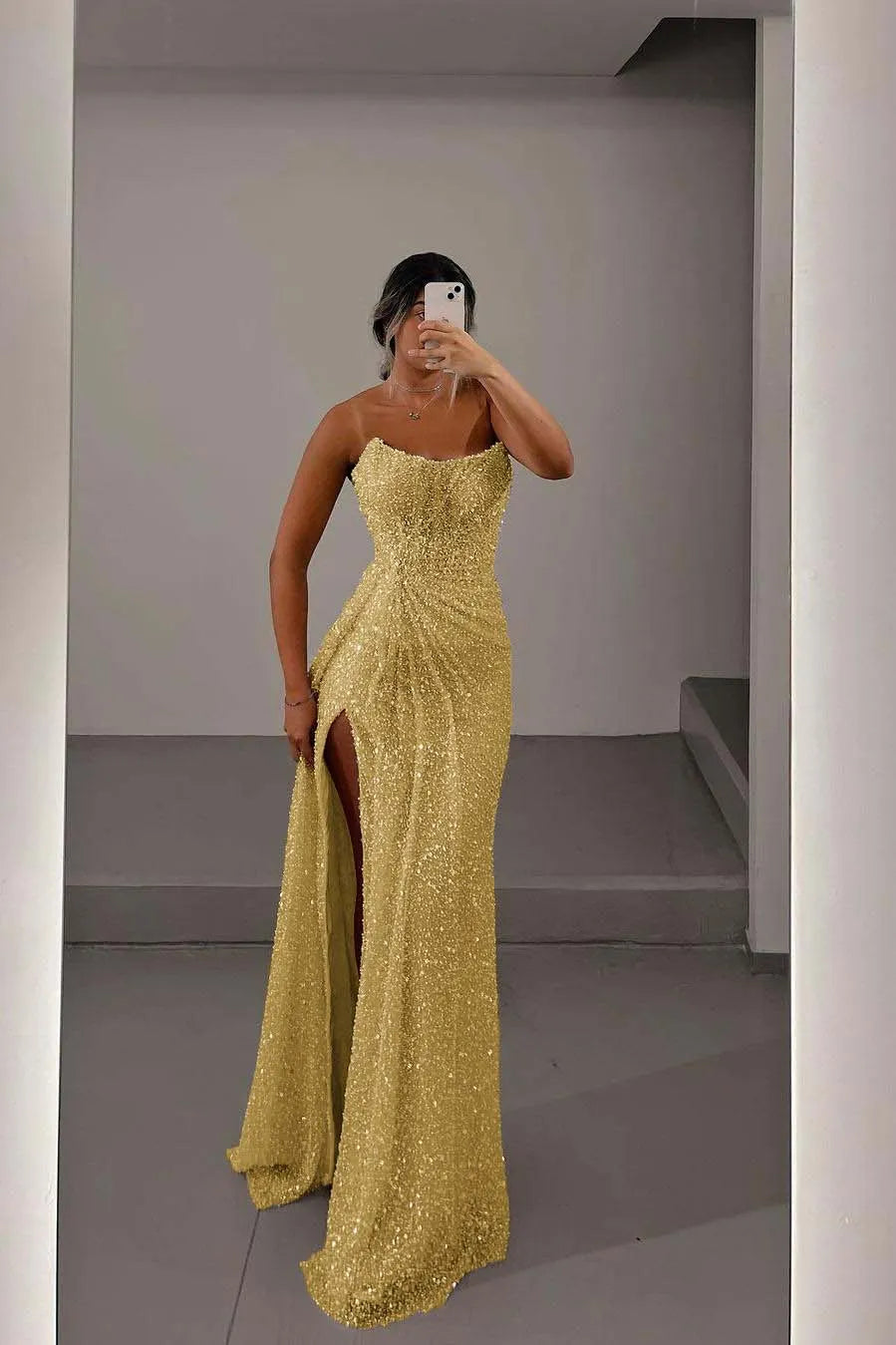 Glamorous Light Pink Sequins Strapless Sleeveless Long Prom Dress with Split