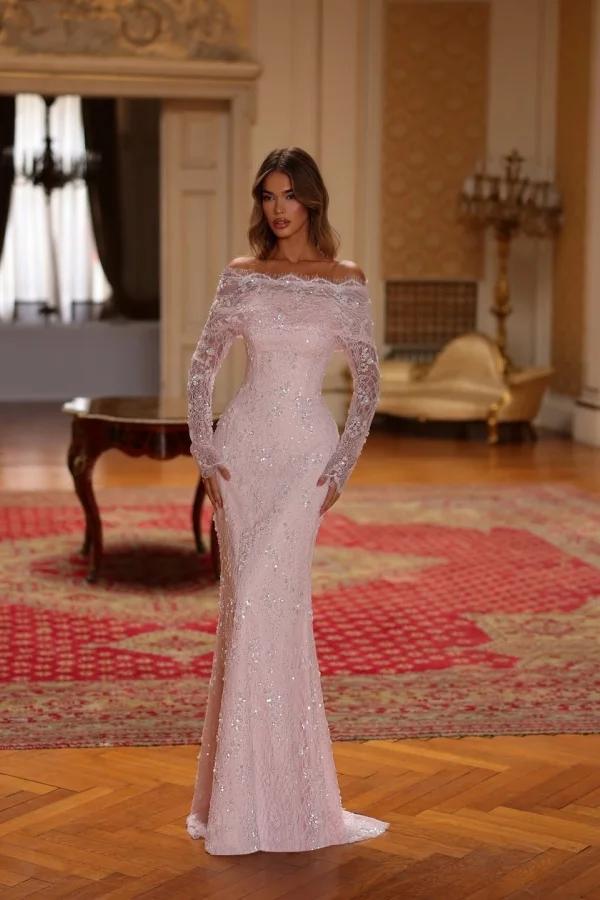 Chic Pink Lace Bateau Neck Long Sleeves Sequins Mermaid Prom Dress