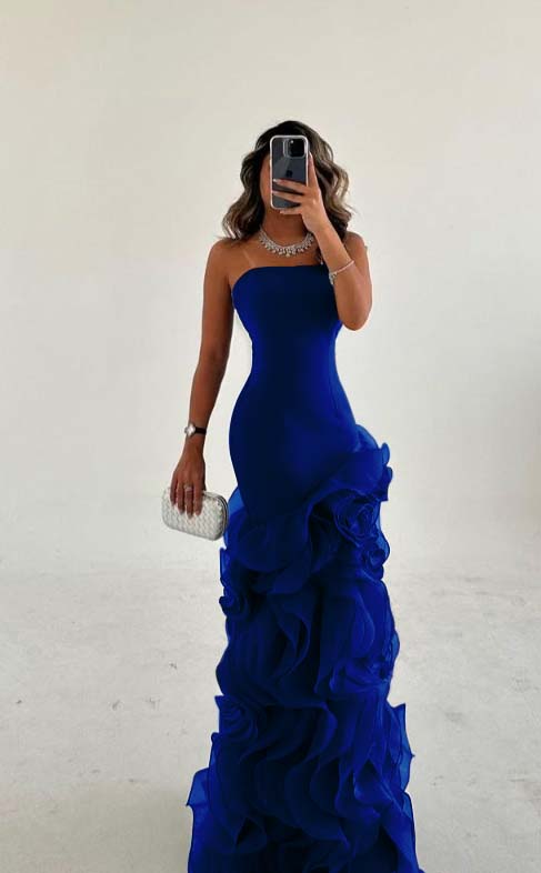 Amazing Dusty Blue Sleeveless Strapless Long Prom Dress with Ruffles