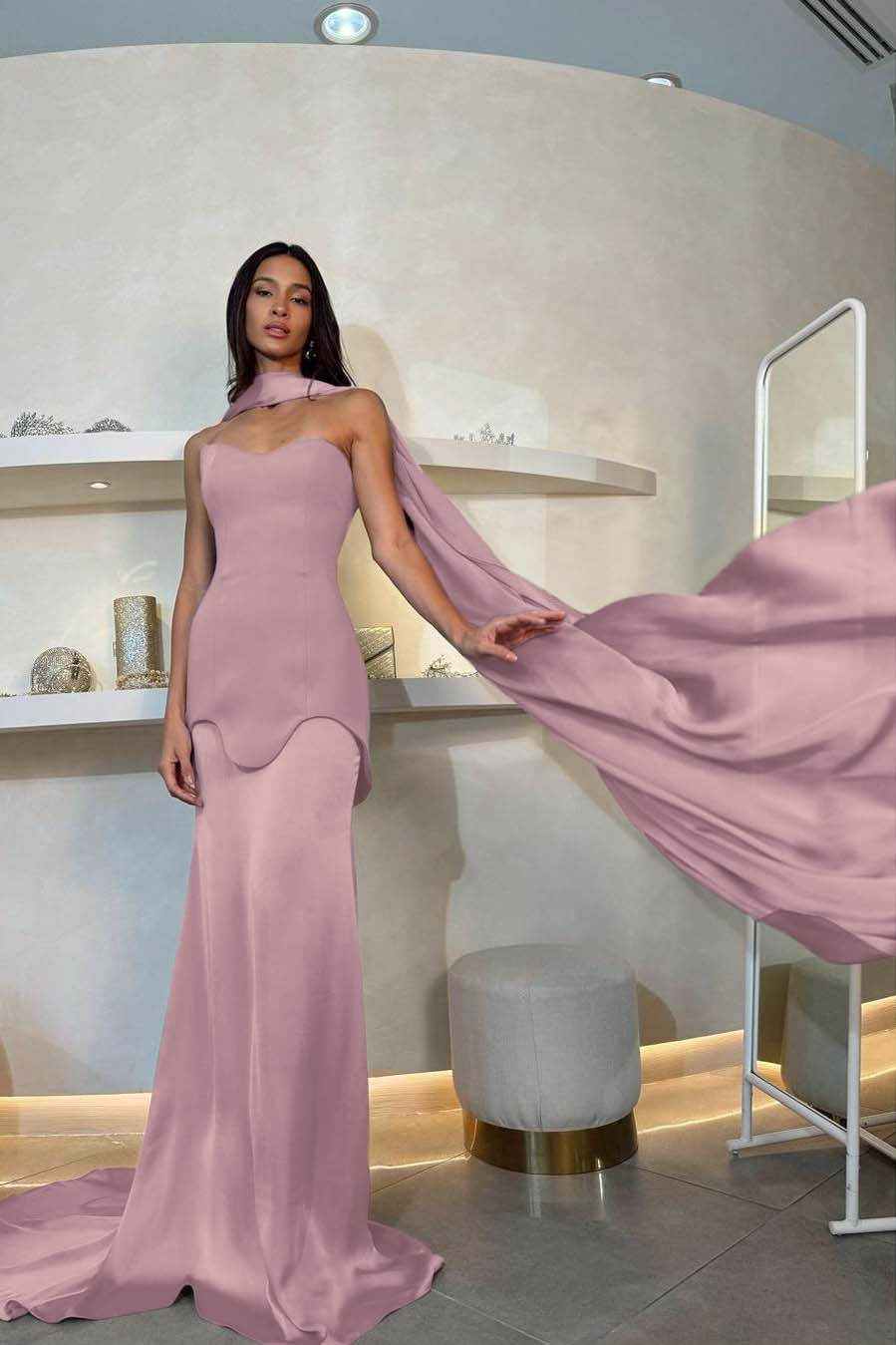 Amazing Purple Satin Strapless Sleeveless Long Slim Prom Dress with Scarf