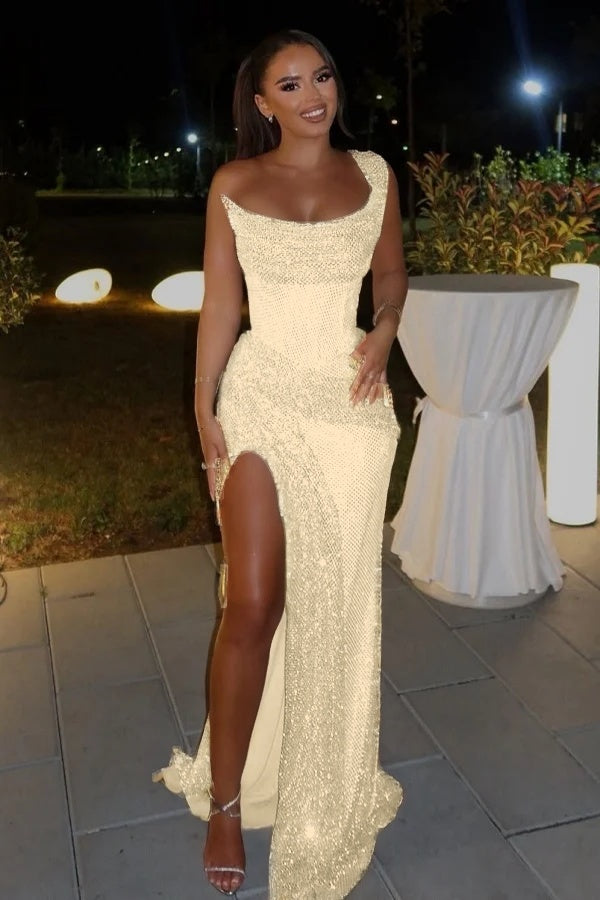 Glamorous Sequins One Shoulder Sleeveless Split Prom Dress with Pleated