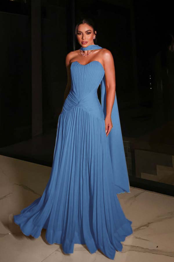 Glamorous Strapless Sleeveless Pleated Long Prom Dress with Scarf