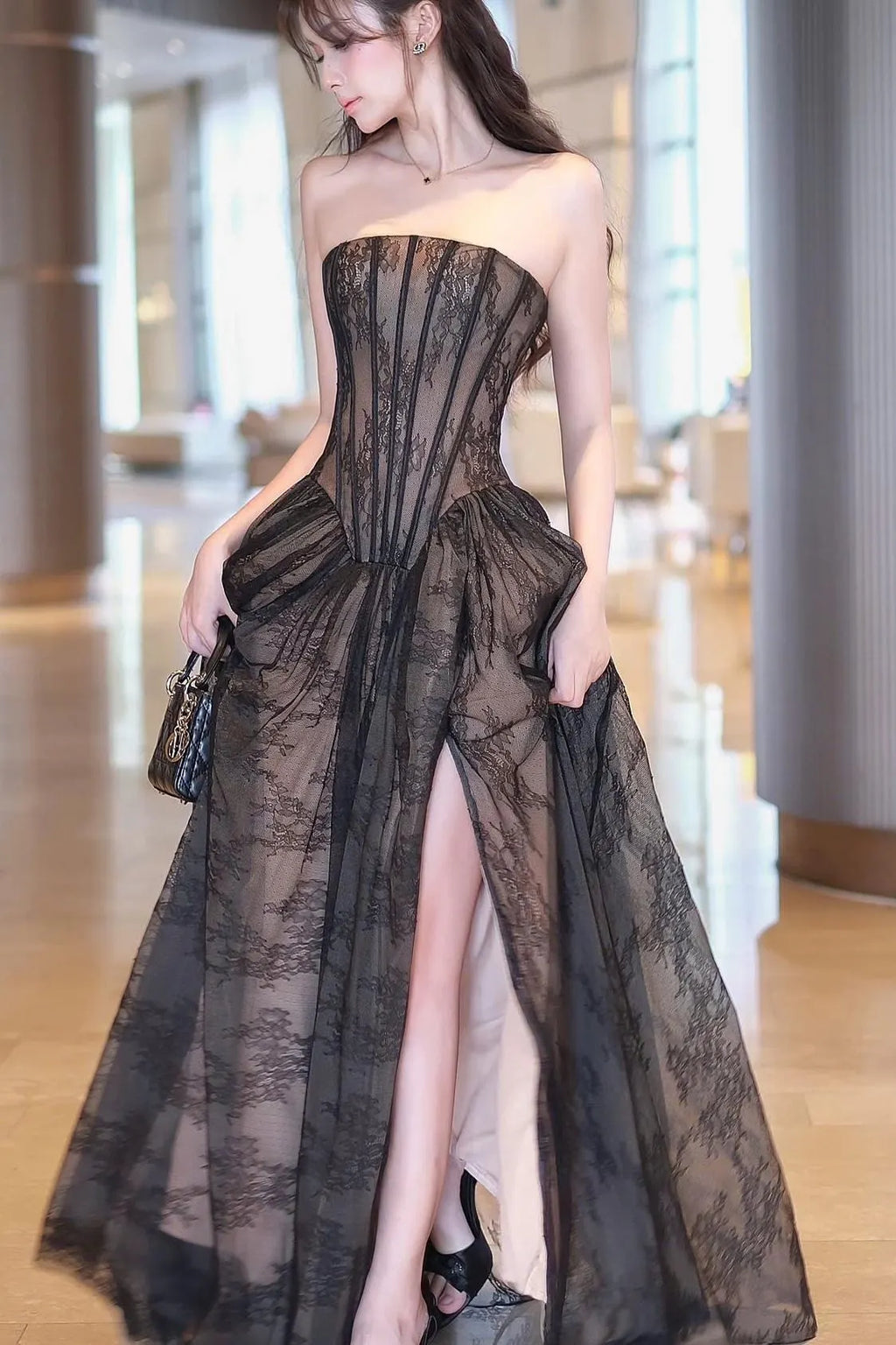Exquisite White Lace Strapless Sleeveless A Line Prom Dress with Ruffles