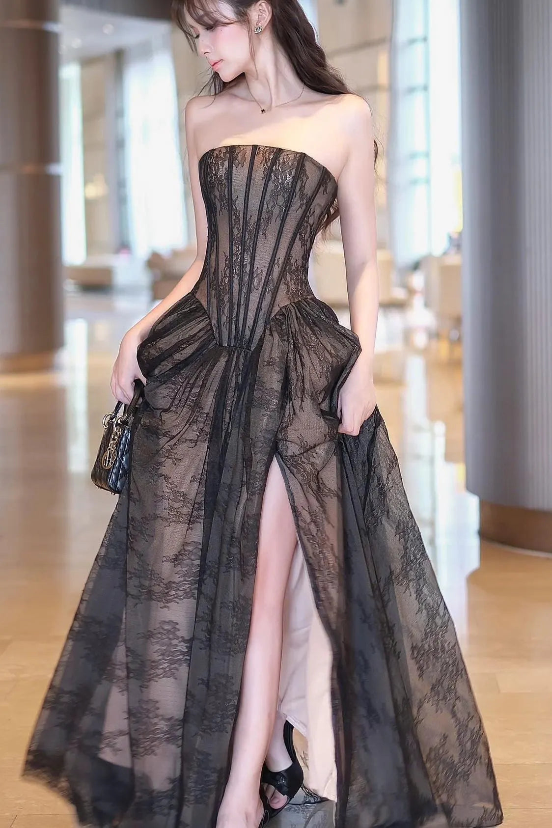 Exquisite White Lace Strapless Sleeveless A Line Prom Dress with Ruffles