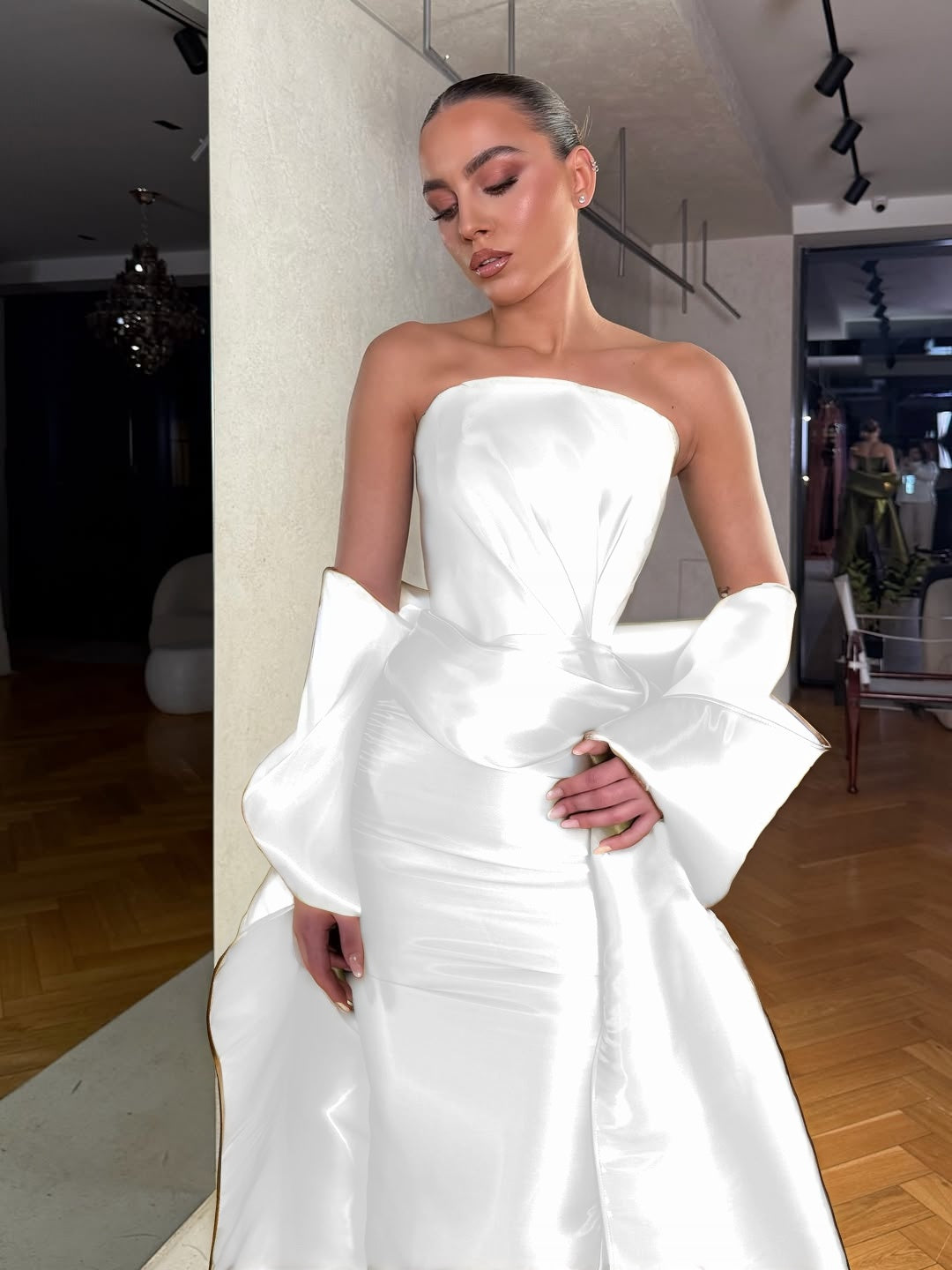 Dreamy Green Satin Strapless Sleeveless Long Prom Dress with Bow