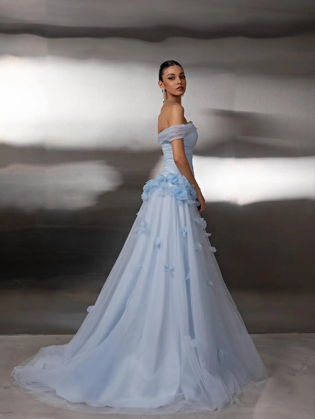 Chic Blue Tulle Off the Shoulder Floral Prom Dress with Pleated