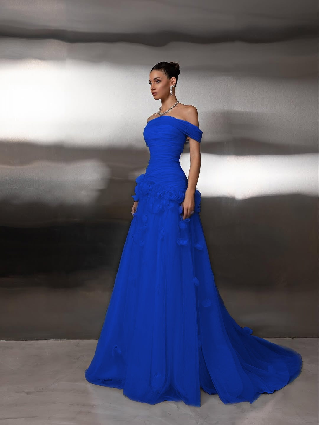 Chic Blue Tulle Off the Shoulder Floral Prom Dress with Pleated