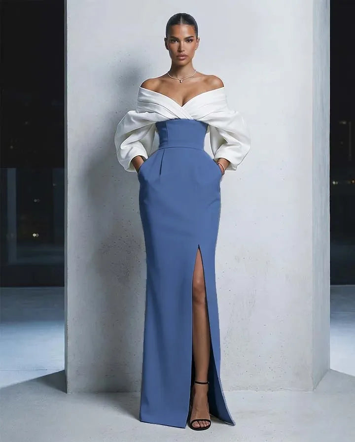 Charming  Long Sleeves Black And White Off-The-Shoulder Split Long Prom Dress