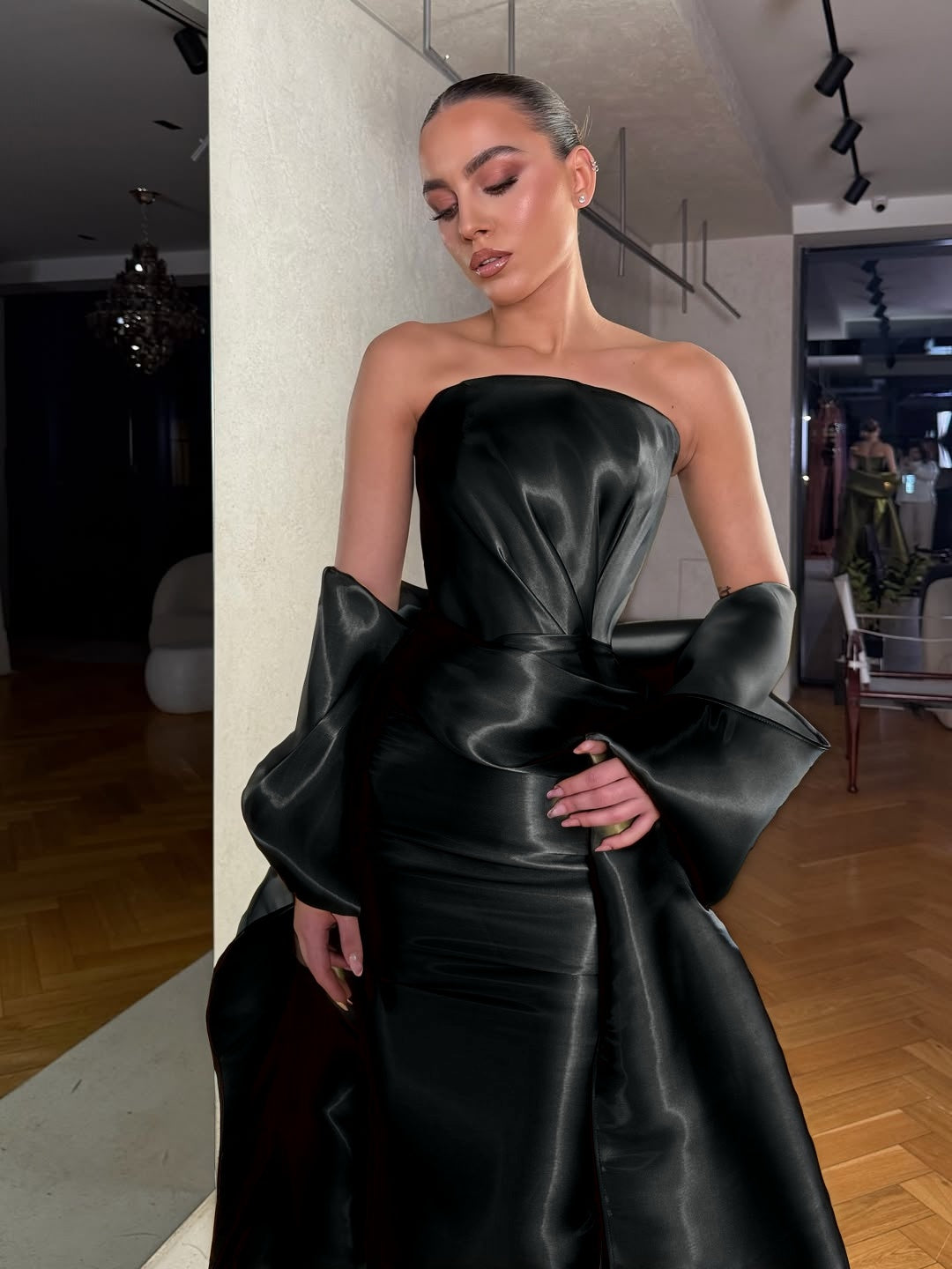 Dreamy Green Satin Strapless Sleeveless Long Prom Dress with Bow
