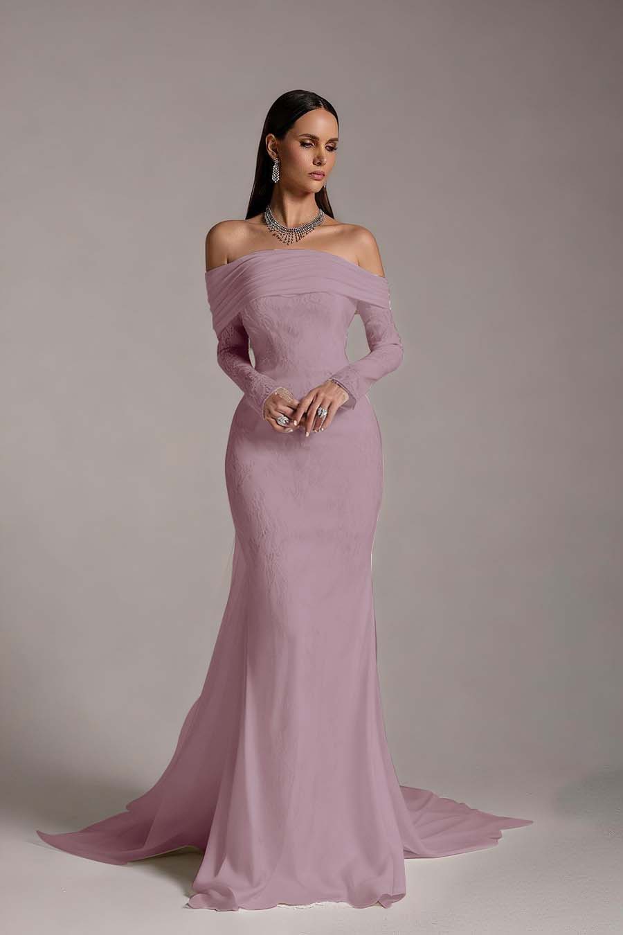 Stunning Prints Off the Shoulder Long Sleeves Mermaid Prom Dress with Pleated